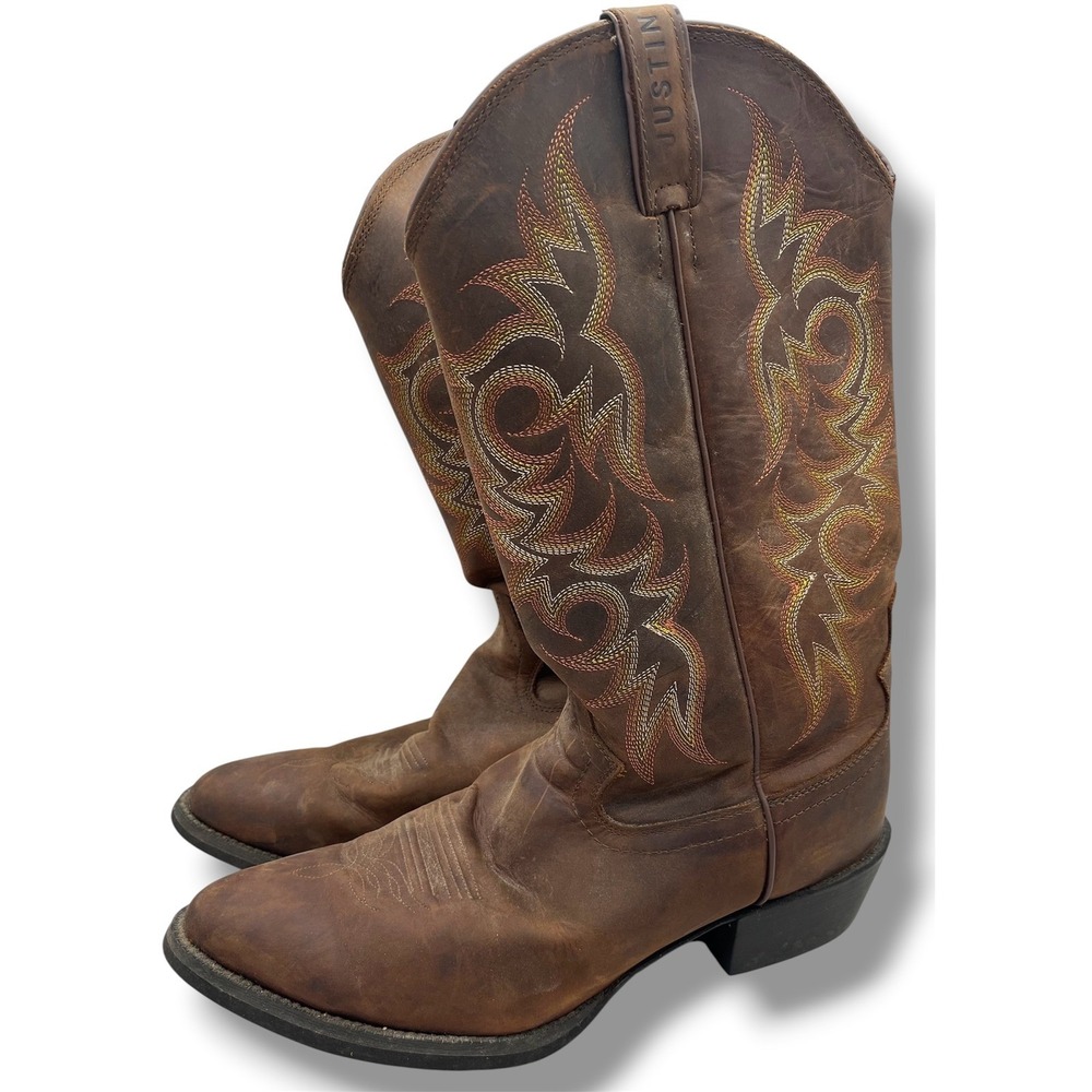 Justin Mens Brown Leather Cowboy Boots Western Decorative Stitch Pointed Toe 12D